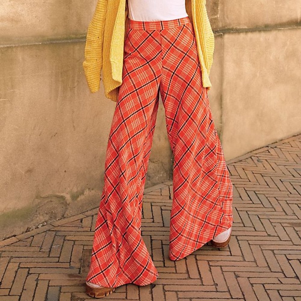 FREE PEOPLE Wonderland Wide Leg Orange Plaid Pants